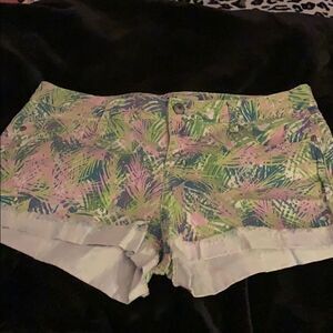 Palm printed jean shorts